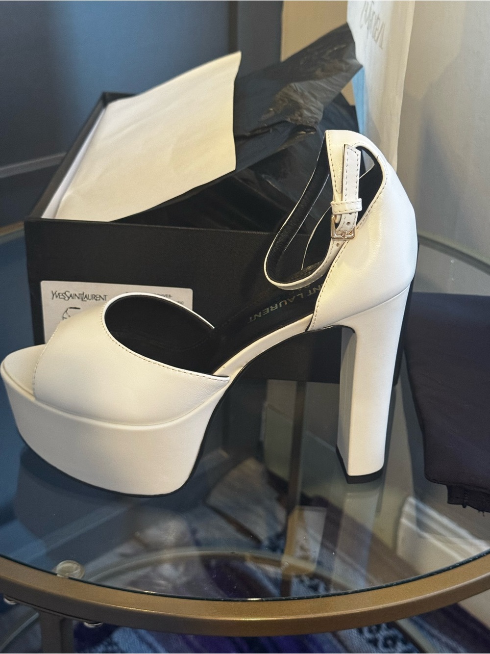 Saint Laurent White Platform Ankle-Strap Sandals